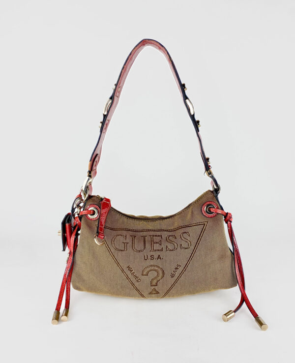 Guess brown bag with red details and iconic logo